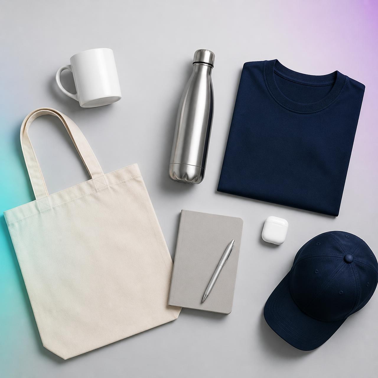 Branded promotional products including a mug, water bottle, t-shirt, tote bag, notebook and cap